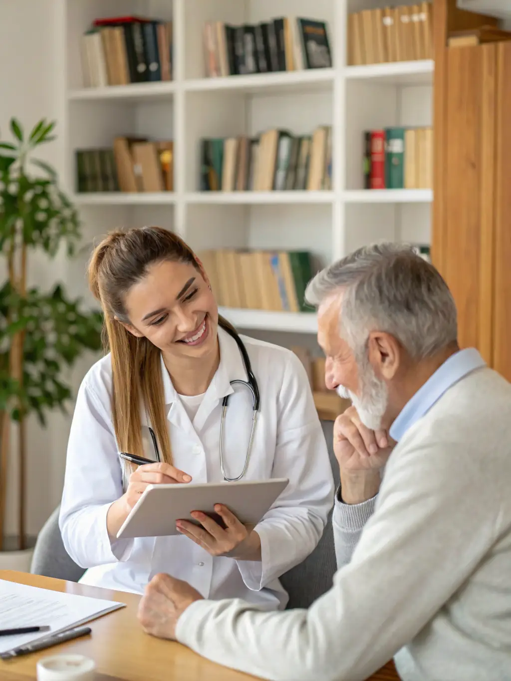 A photo of a healthcare provider consulting with a patient using a digital tablet, emphasizing patient engagement.