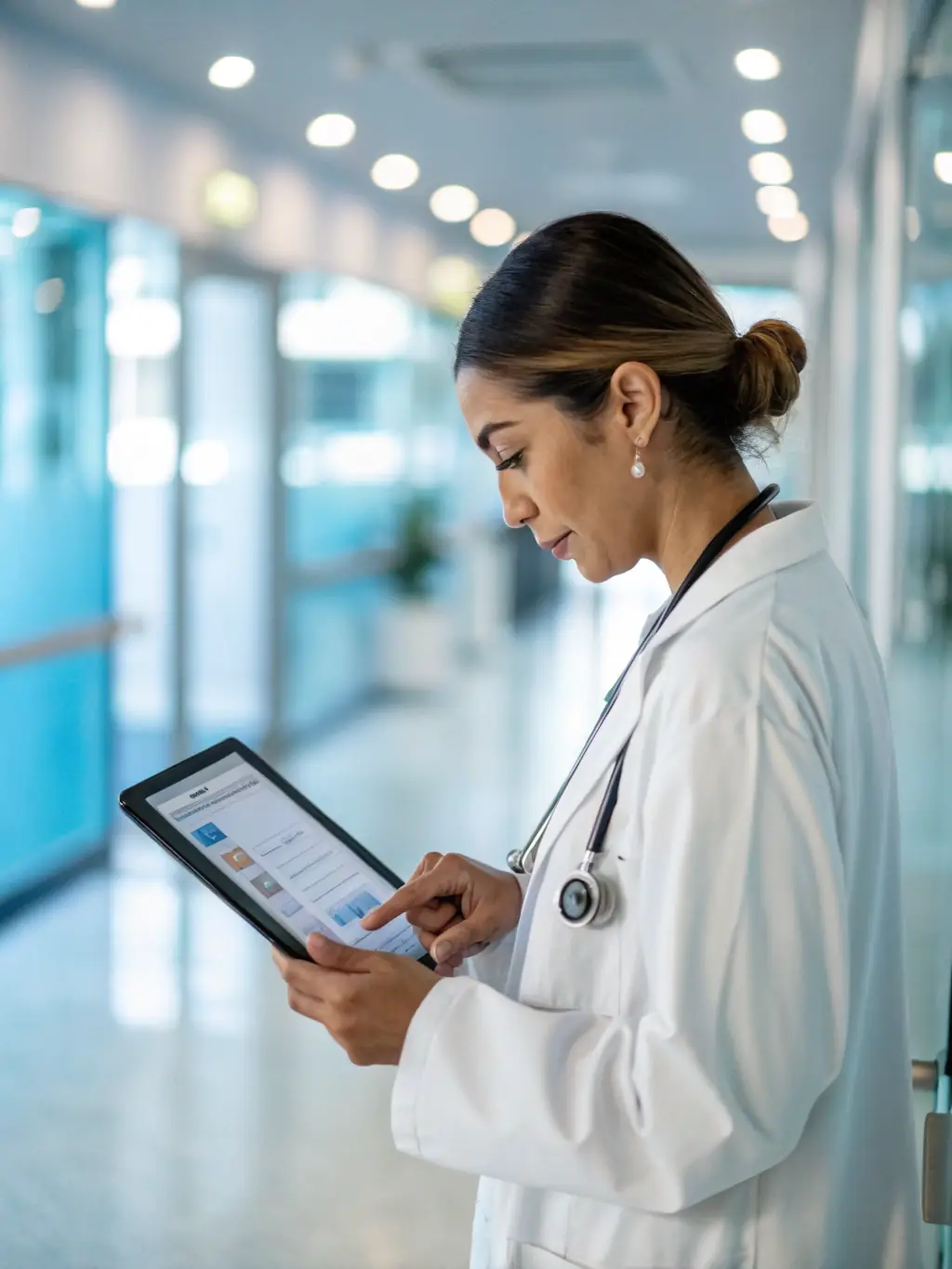 An image showing a healthcare professional using a digital dashboard on a tablet, illustrating practice management software in action.