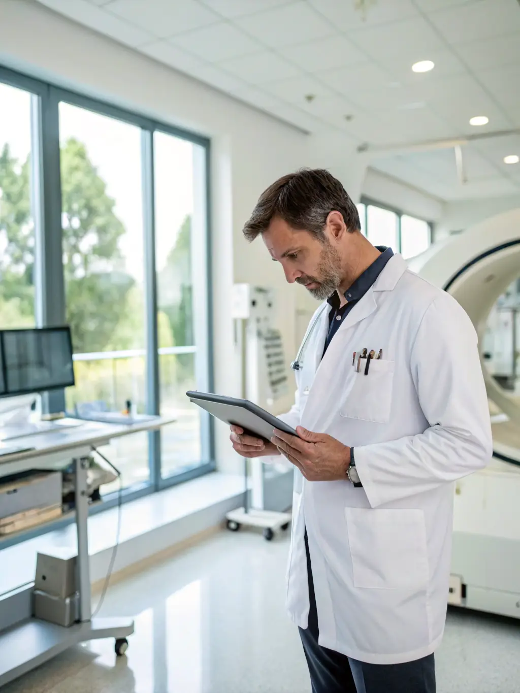 A doctor using a tablet to access patient records, highlighting the integration of technology in healthcare practices.