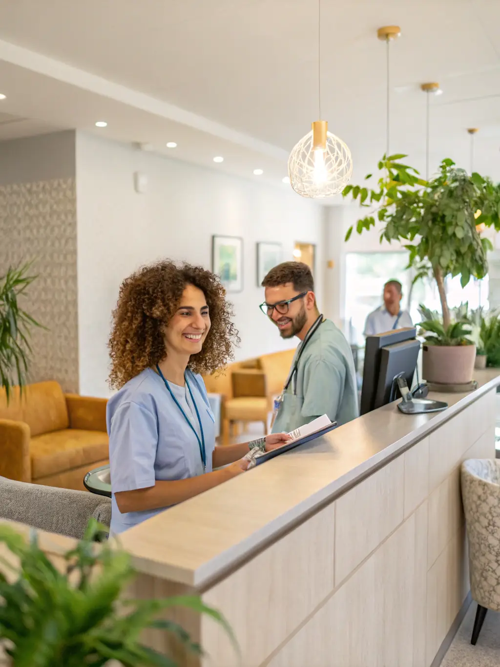 A clean and modern medical office reception area, showcasing a welcoming and efficient patient experience.