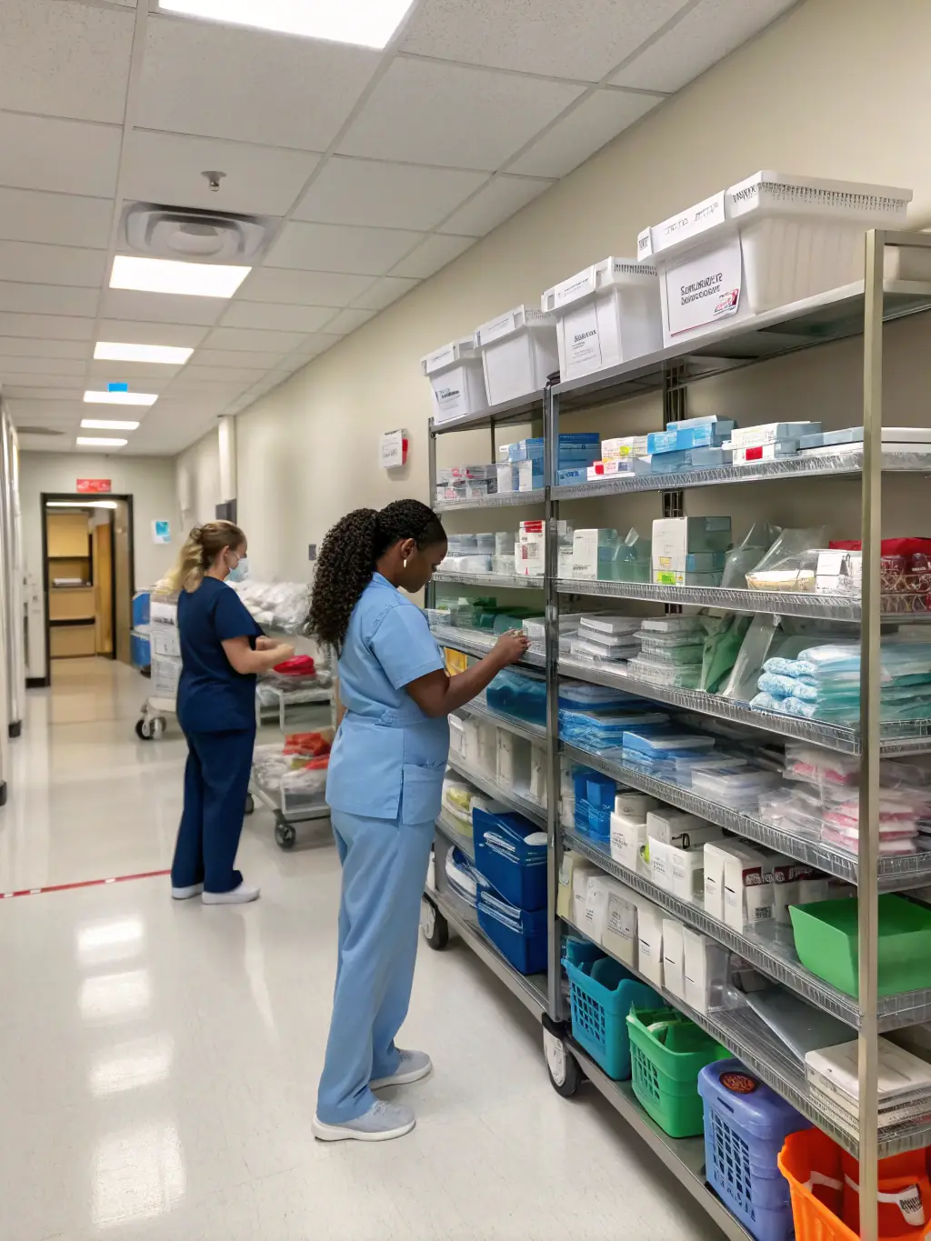 A well-organized medical supply room with labeled shelves, showcasing efficient inventory management and organization.