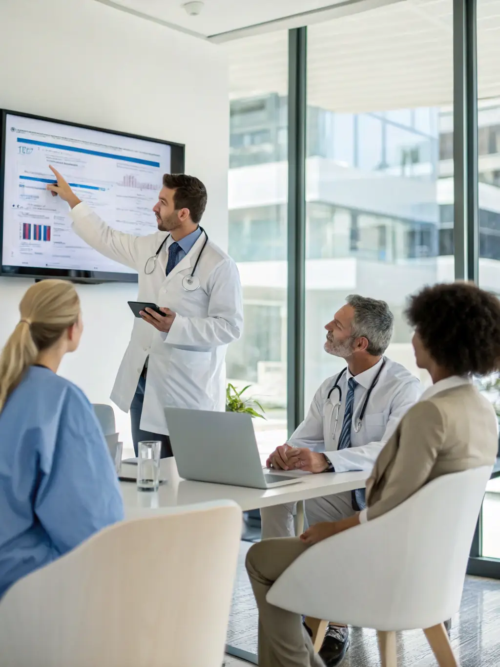 A healthcare consultant providing financial advice to a practice manager, with charts and graphs illustrating revenue growth strategies.