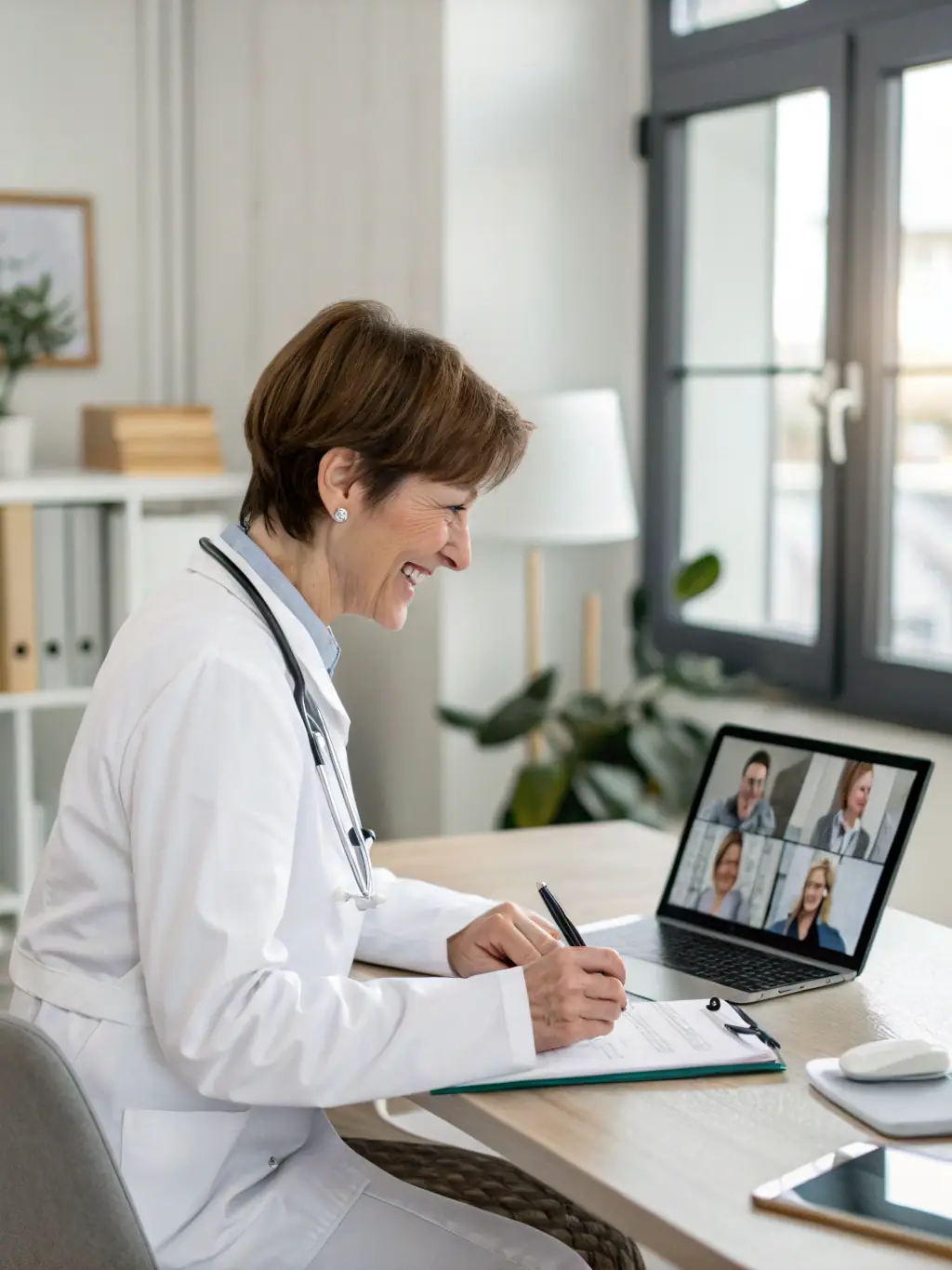 A professional doctor reviewing billing codes on a computer screen in a modern office setting, emphasizing accuracy and efficiency.