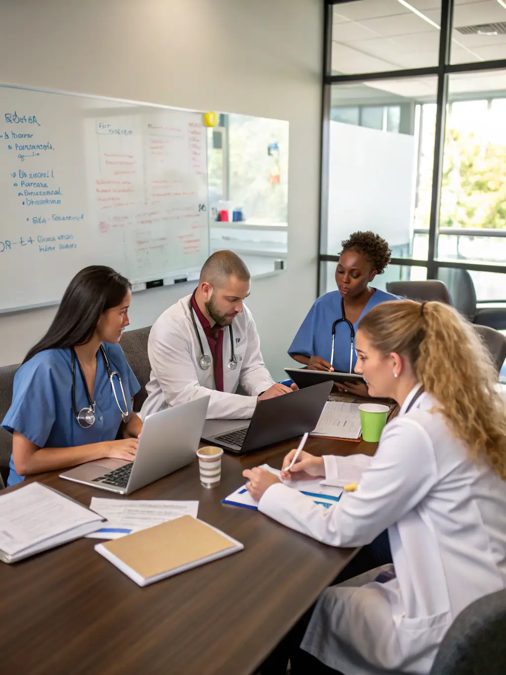 A diverse team of healthcare professionals collaborating in a modern office setting, emphasizing teamwork and efficient communication.